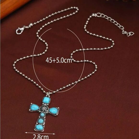 Turquoise Decor Cross Charm Necklace - Picture 5 of 9